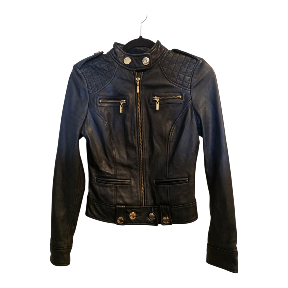 GUESS by Marciano Black Lamb Leather Zip Up Moto Biker Jacket Small Gold Street